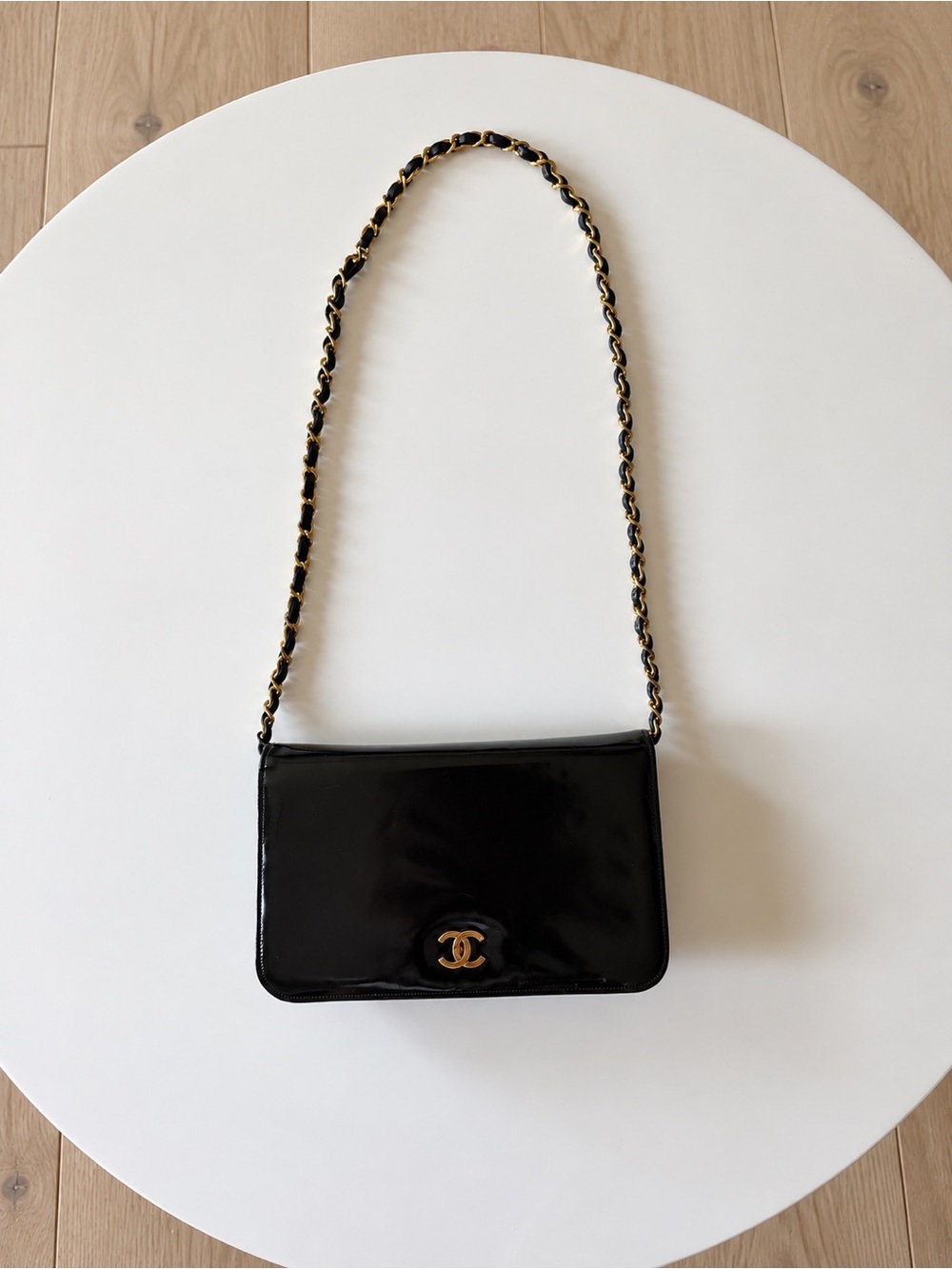 Vintage Chanel Black Patent Leather Flap Bag Gold Chain CC